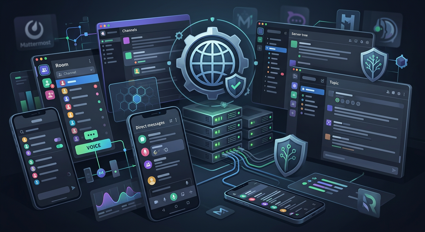 Editorial illustration of self-hosted communication platforms