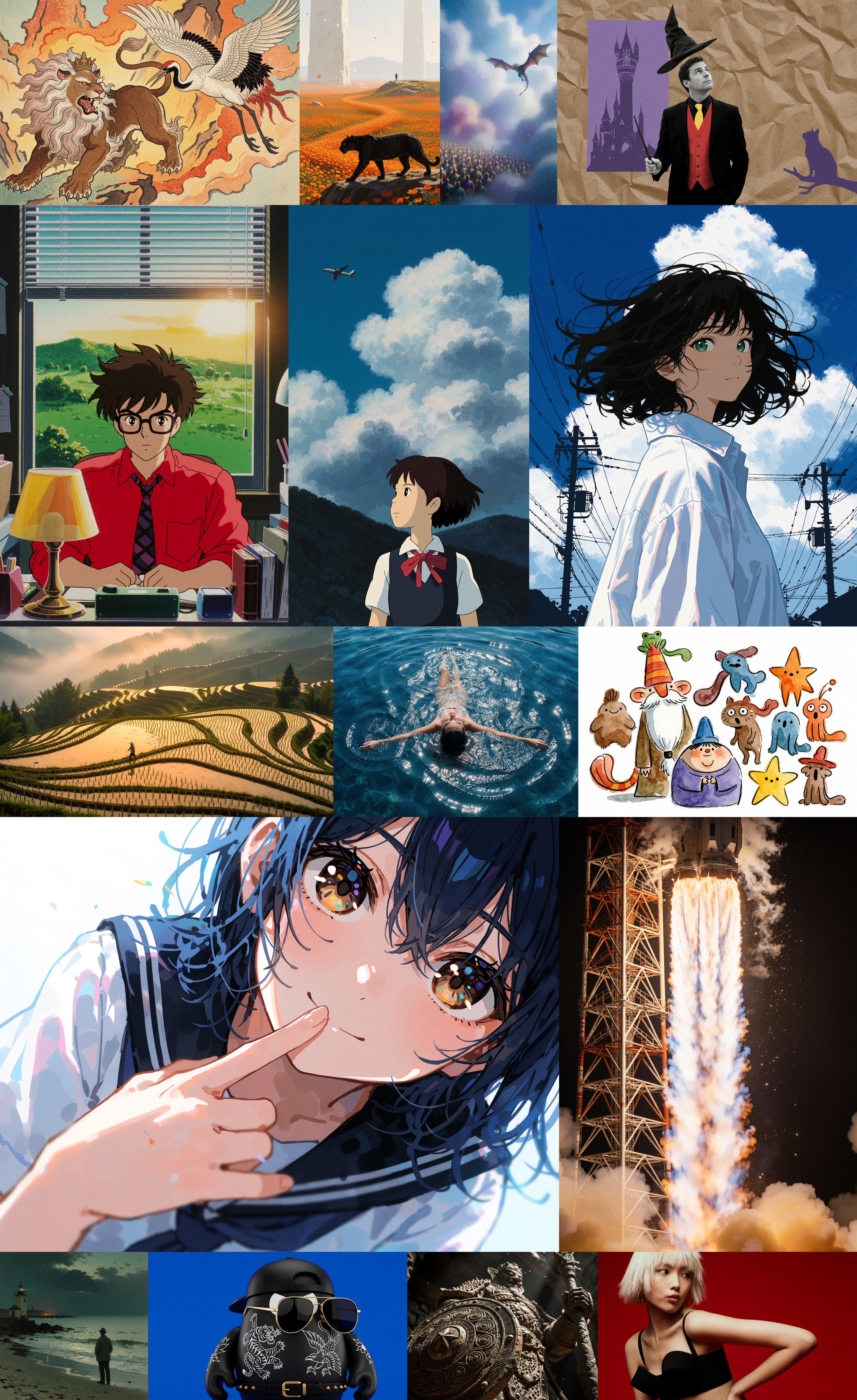 A 15-panel collage showing Krea 2&rsquo;s stylistic range from ukiyo-e lions to Ghibli-style interiors, rocket launches, anime portraits, and terraced rice paddies