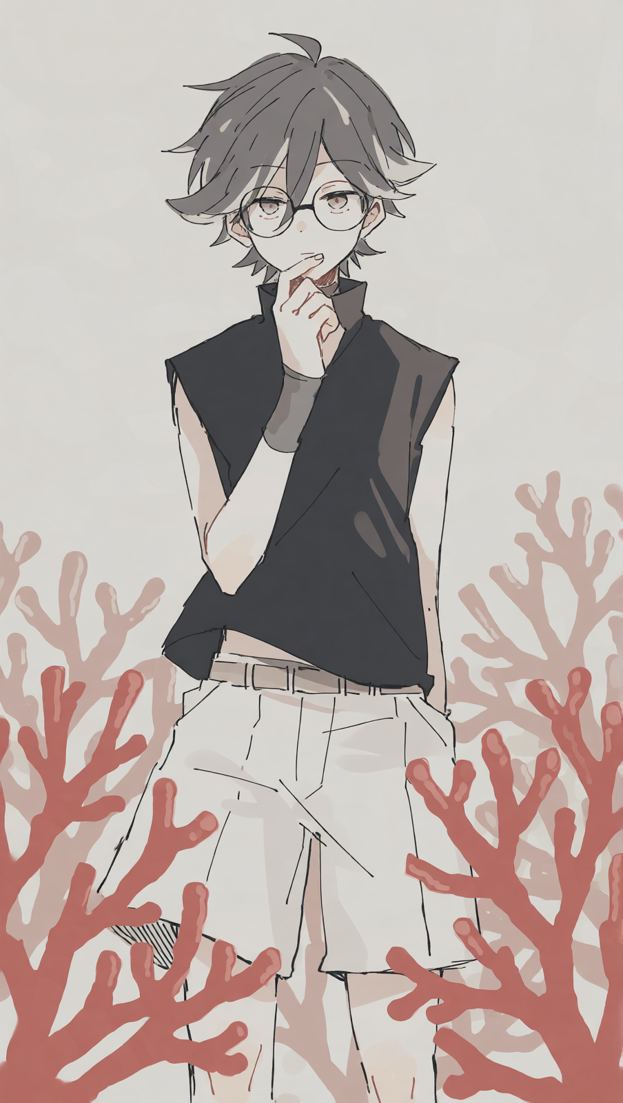 An anime-style illustration of a young person with grey hair and round glasses standing among red coral branches, generated with Krea 2 Turbo LoRA