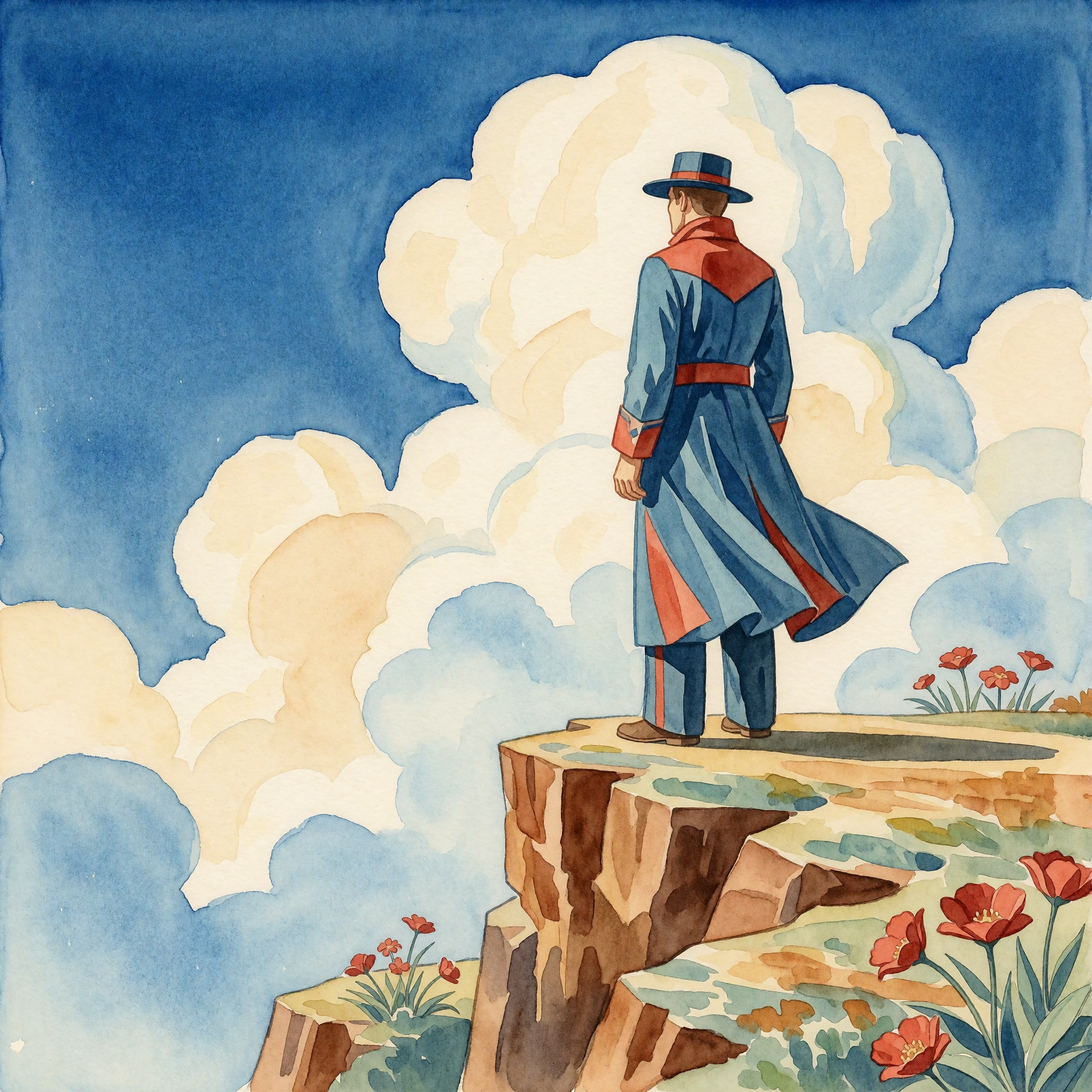 A watercolor Art Deco style illustration of a traveler on a cliff gazing at towering clouds, generated with Krea 2