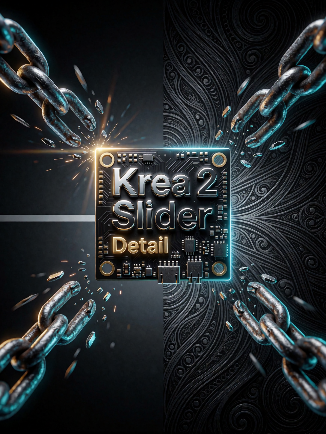 A conceptual digital art piece showing a microchip labeled &ldquo;Krea 2 Slider Detail&rdquo; with shattering metal chains around it, symbolizing the LoRA breaking through limitations