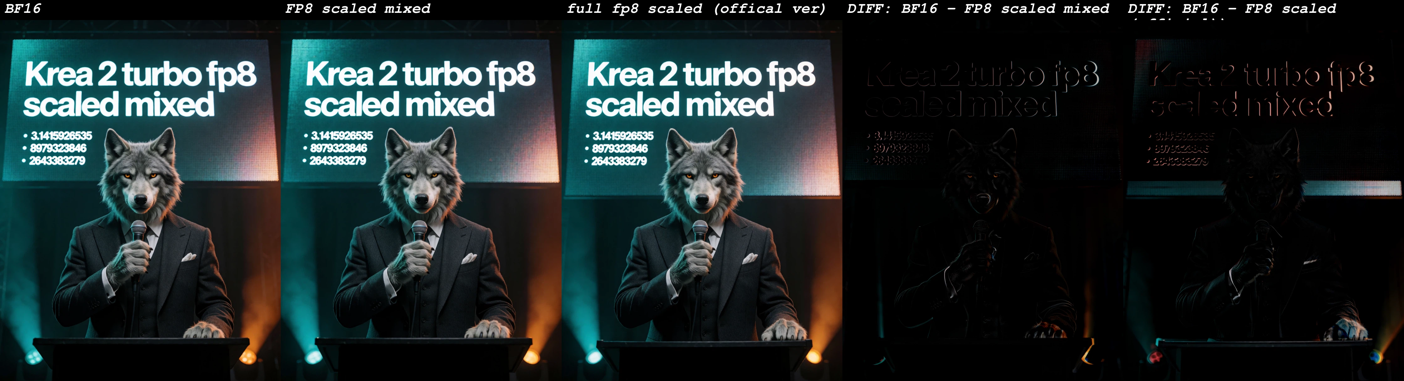 A five-panel comparison showing BF16 vs FP8 vs full-FP8-scaled renders of a wolf in a suit at a podium, plus two difference maps proving the quality loss is negligible