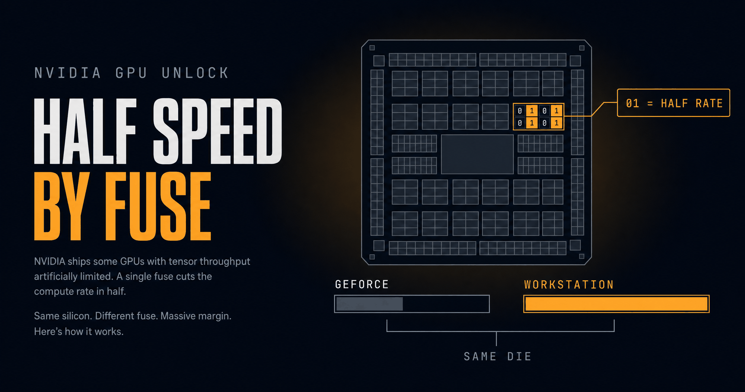 Dark editorial graphic of a GPU die with one highlighted fuse array and two comparison bars labelled GeForce and Workstation, under the headline Half Speed By Fuse