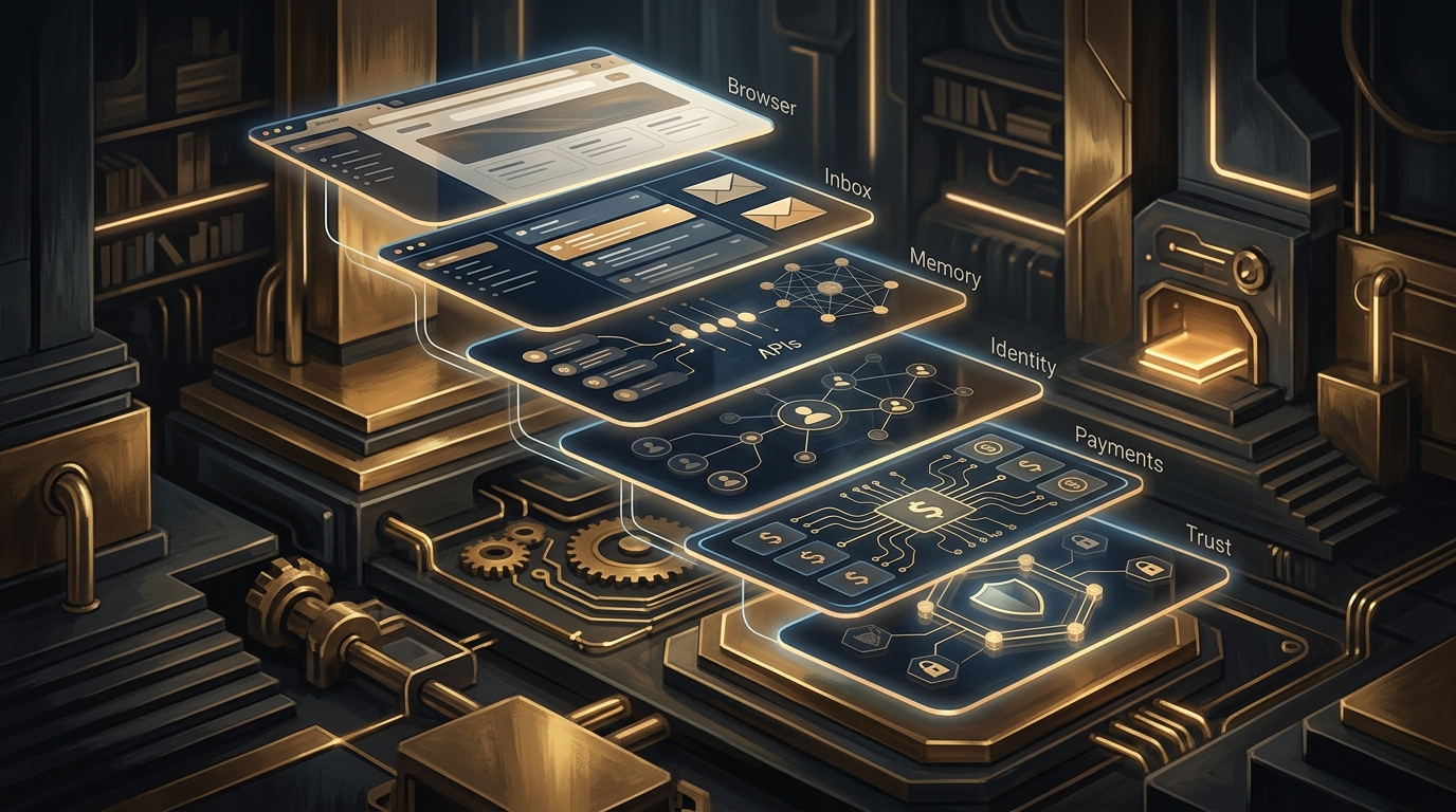 Editorial illustration of a digital coworker operating across browser, communications, memory, and payment layers