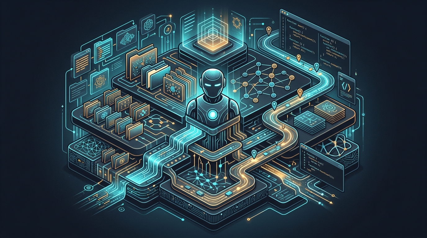 Editorial illustration of an AI memory architecture with folders, graphs, vectors, and timelines