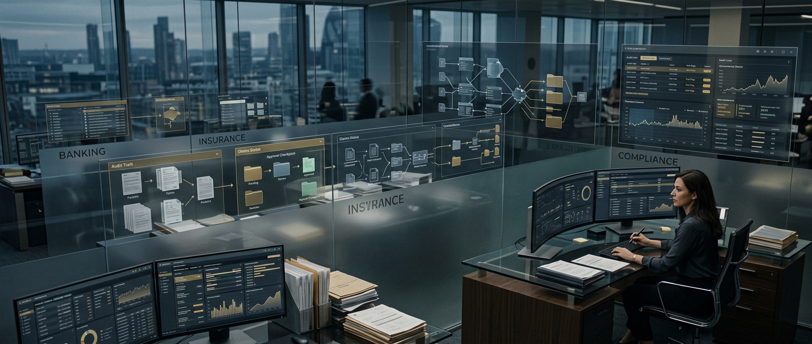 Editorial visualization of bounded AI agents operating inside regulated financial workflows with human oversight, audit trails, and approval checkpoints.