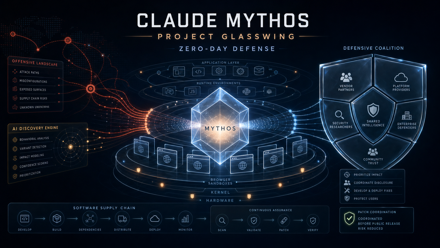 Editorial illustration of Claude Mythos as a glass AI security model surrounded by software infrastructure, zero-day defense signals, and Project Glasswing coordination.