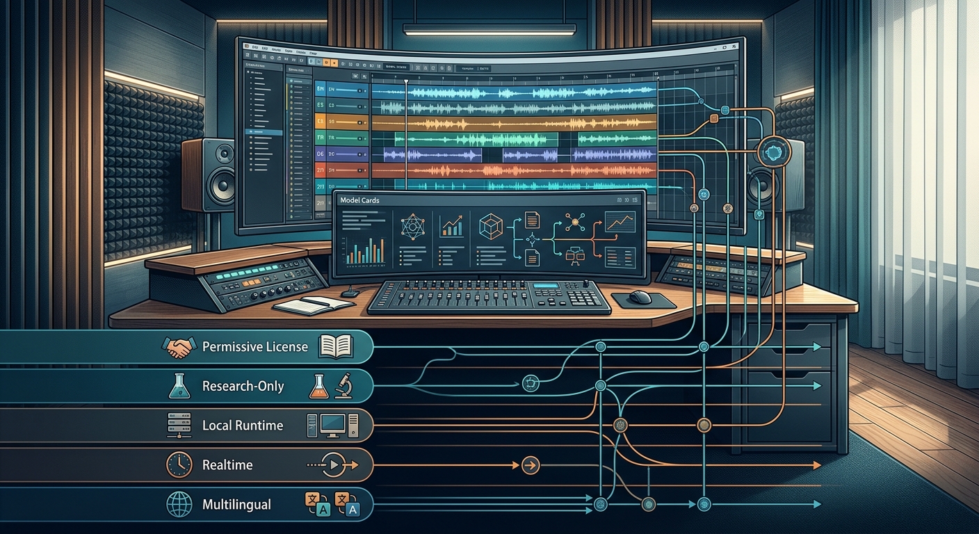 Editorial visualization of open-source voice cloning systems, audio waveforms, model tradeoffs, and deployment constraints.
