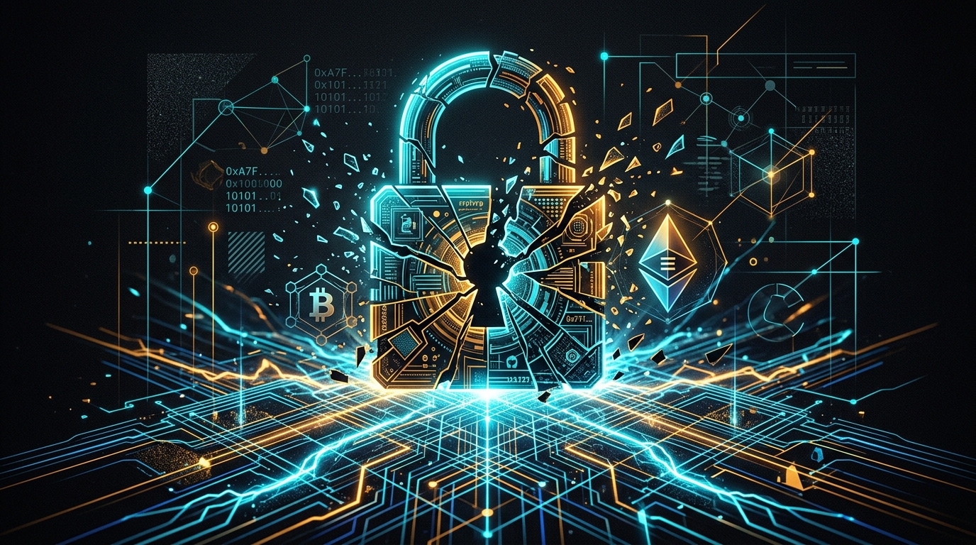 Editorial illustration of quantum circuits colliding with crypto wallet security and elliptic-curve cryptography.
